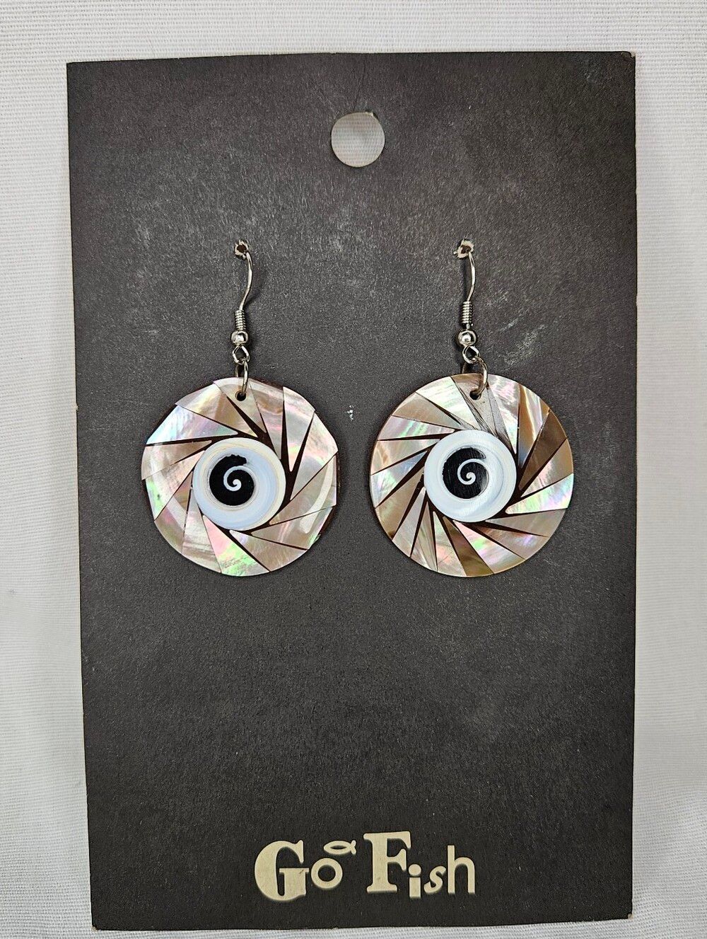 Go Fish NWT Shiva Eye Shell Earrings Mother of Pearl Abalone Pinwheel Dangle